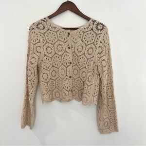 REBELLION Macrame NWT Crocheted Long Sleeve Button Up 70s Retro Cream | Women M